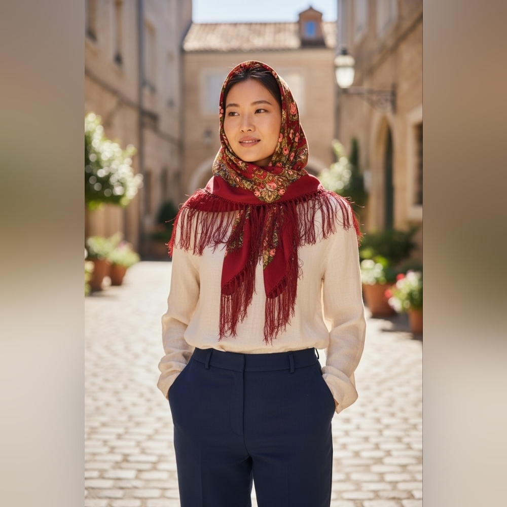 Floral Fringe Shawl Scarf - 100% Wool